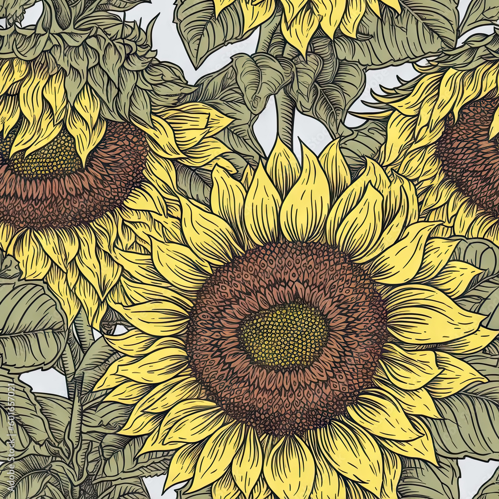 Sunflower flower seamless pattern. Floral seamless background. Generative AI