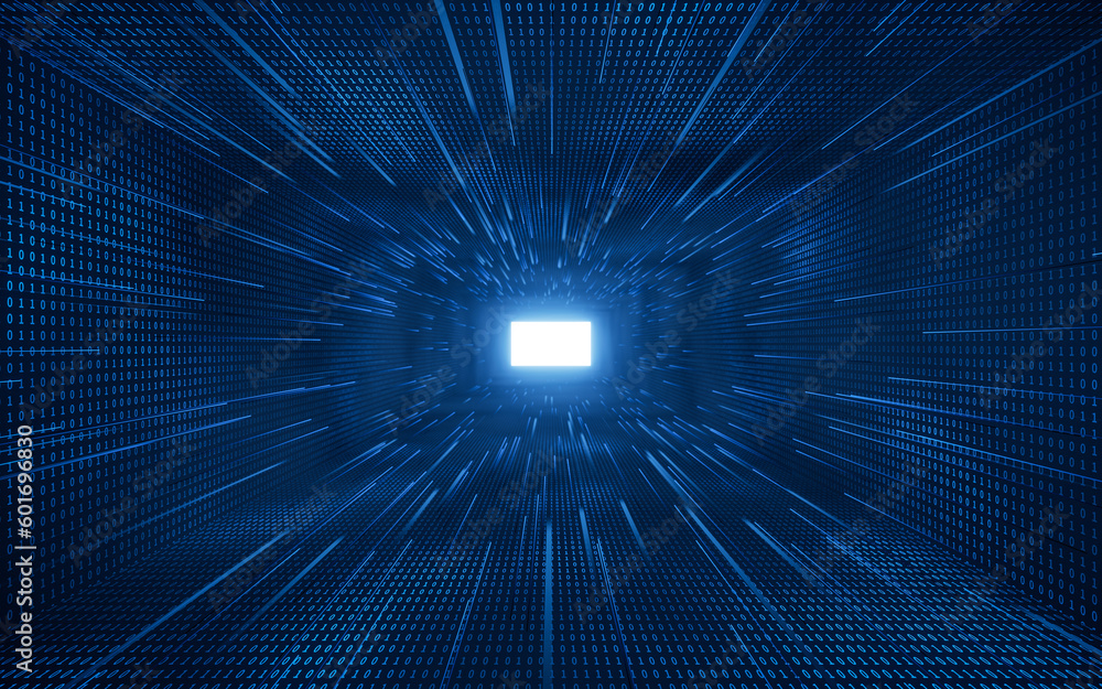 Dark blue digital cyberspace tunnel, 3d rendering.