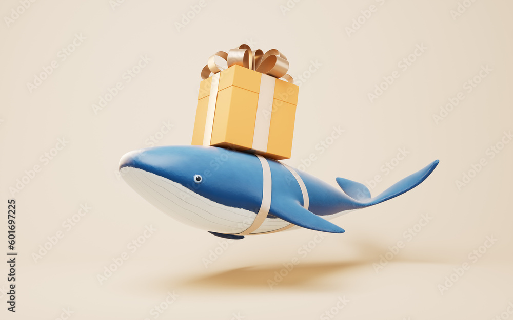 Whale and gift box, 3d rendering.