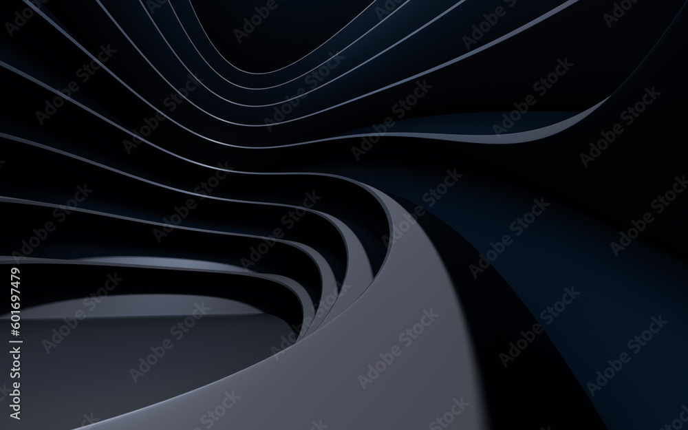 Dark curve geometry structure, 3d rendering.