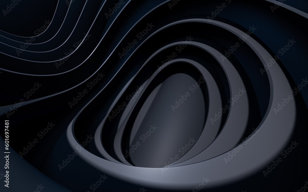 Dark curve geometry structure, 3d rendering.