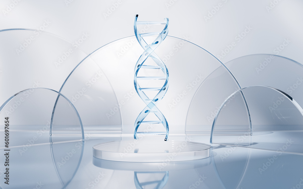 DNA with glass geometry background, 3d rendering.