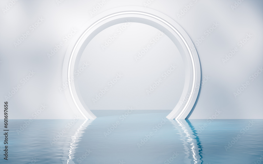 Round door with water surface, 3d rendering.