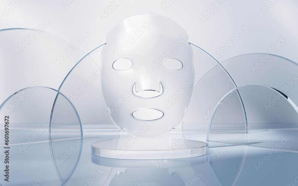 Facial mask with glass geometry background, 3d rendering.