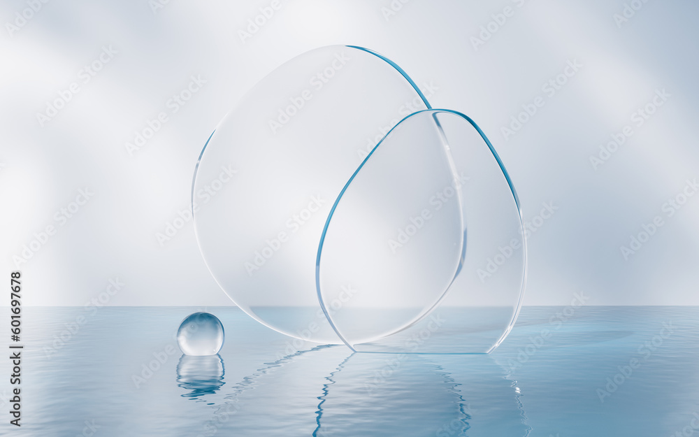 Curve glass with water surface, 3d rendering.