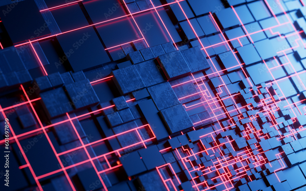 Technology cube circuit board structure, 3d rendering.