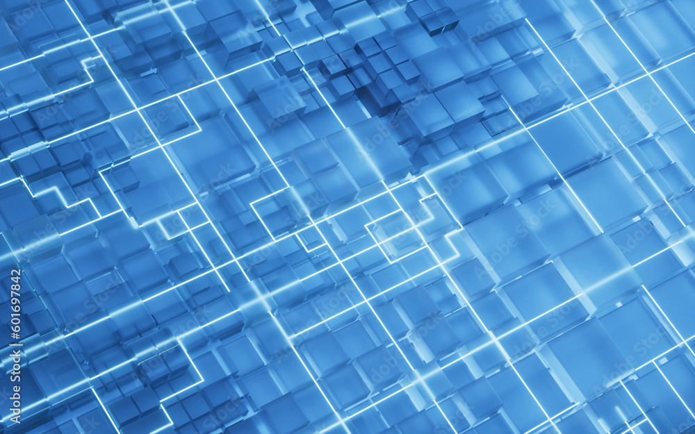 Technology cube circuit board structure, 3d rendering.