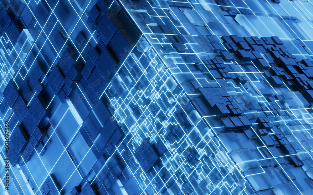 Technology cube circuit board structure, 3d rendering.