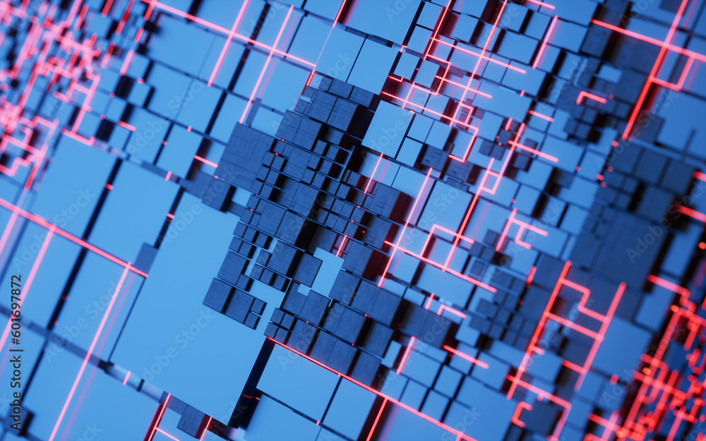 Technology cube circuit board structure, 3d rendering.