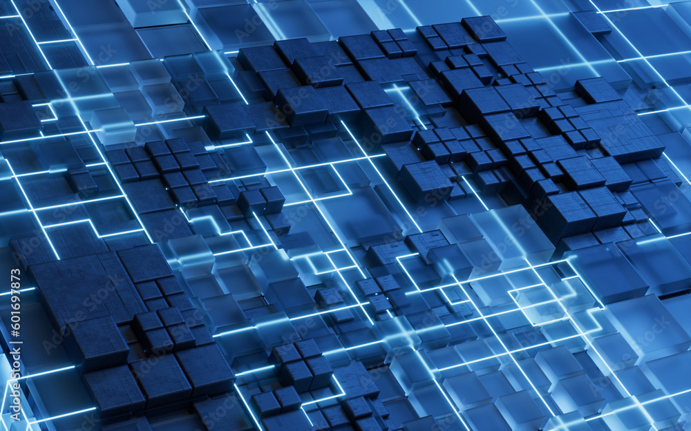 Technology cube circuit board structure, 3d rendering.