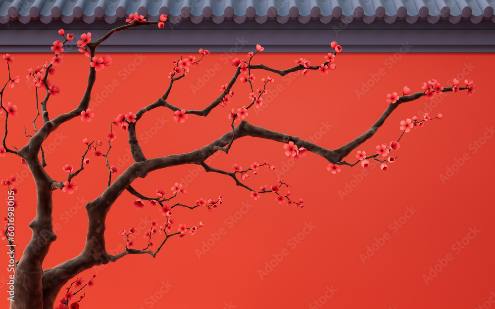 Plum blossom with Chinese ancient wall, 3d rendering.