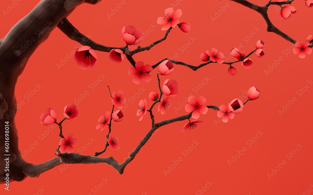 Plum blossom with red background, 3d rendering.