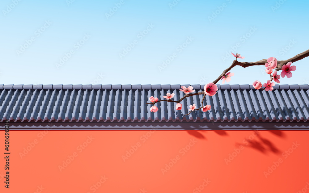 Plum blossom with Chinese ancient wall, 3d rendering.