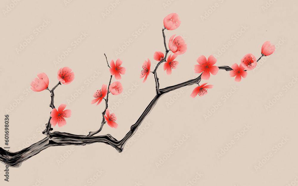 Plum blossom with Chinese ink painting style, 3d rendering.