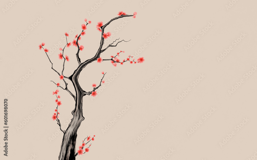 Plum blossom with Chinese ink painting style, 3d rendering.