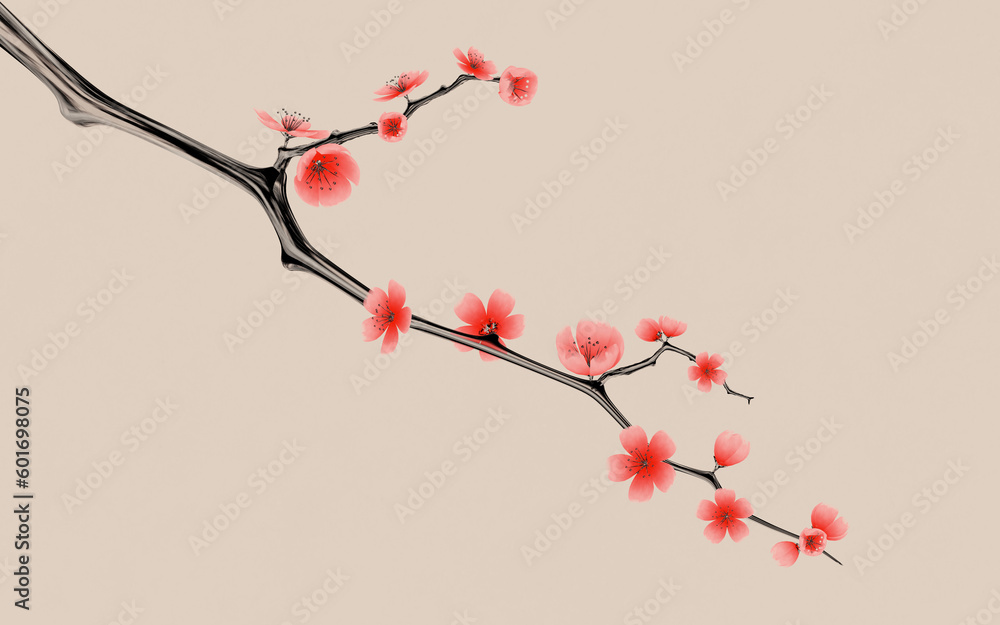 Plum blossom with Chinese ink painting style, 3d rendering.