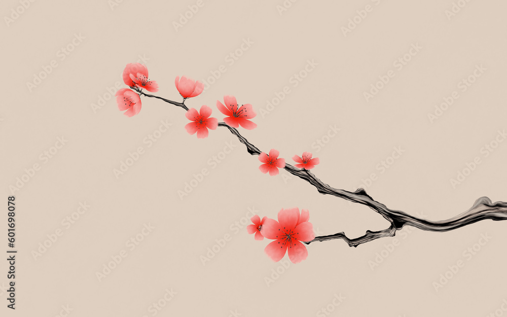 Plum blossom with Chinese ink painting style, 3d rendering.