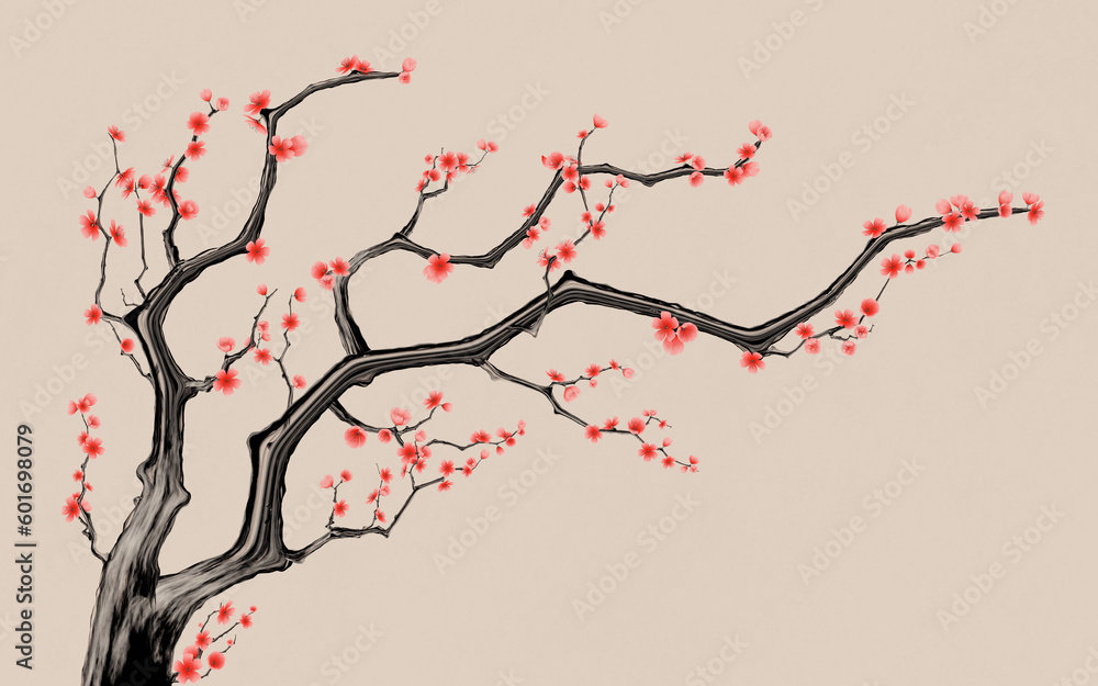 Plum blossom with Chinese ink painting style, 3d rendering.