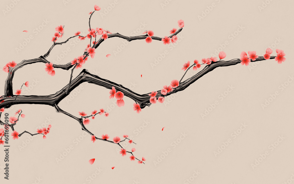 Plum blossom with Chinese ink painting style, 3d rendering.