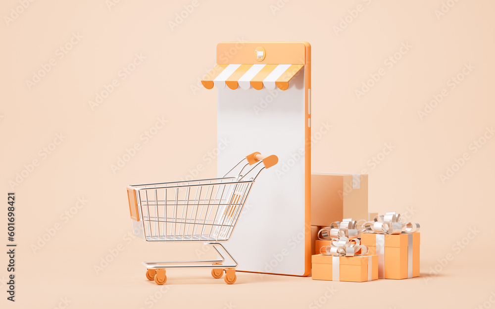 Online store and shopping cart, 3d rendering.