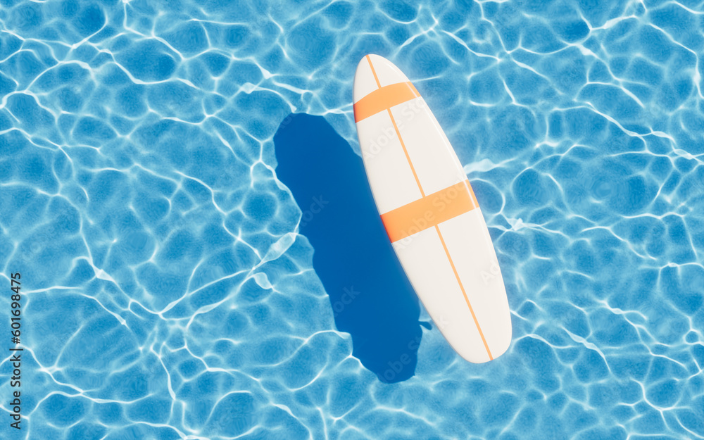 Surfboard and flowing water surface, 3d rendering.