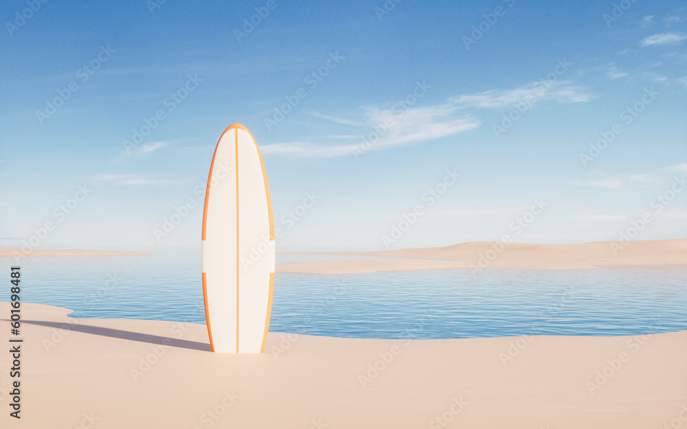 Surfboard at the beach, 3d rendering.