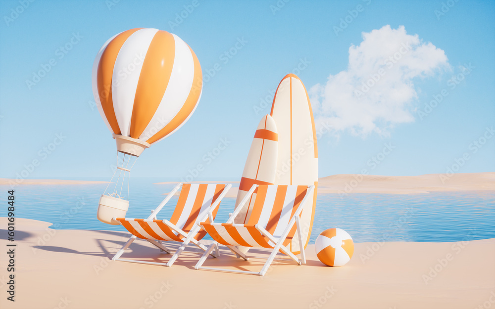 beach chair and surfboard, holidays and relaxation, 3d rendering.