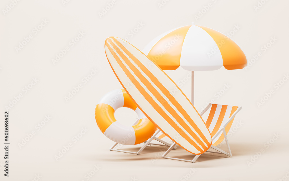 Surfboard and resort with cartoon style, 3d rendering.