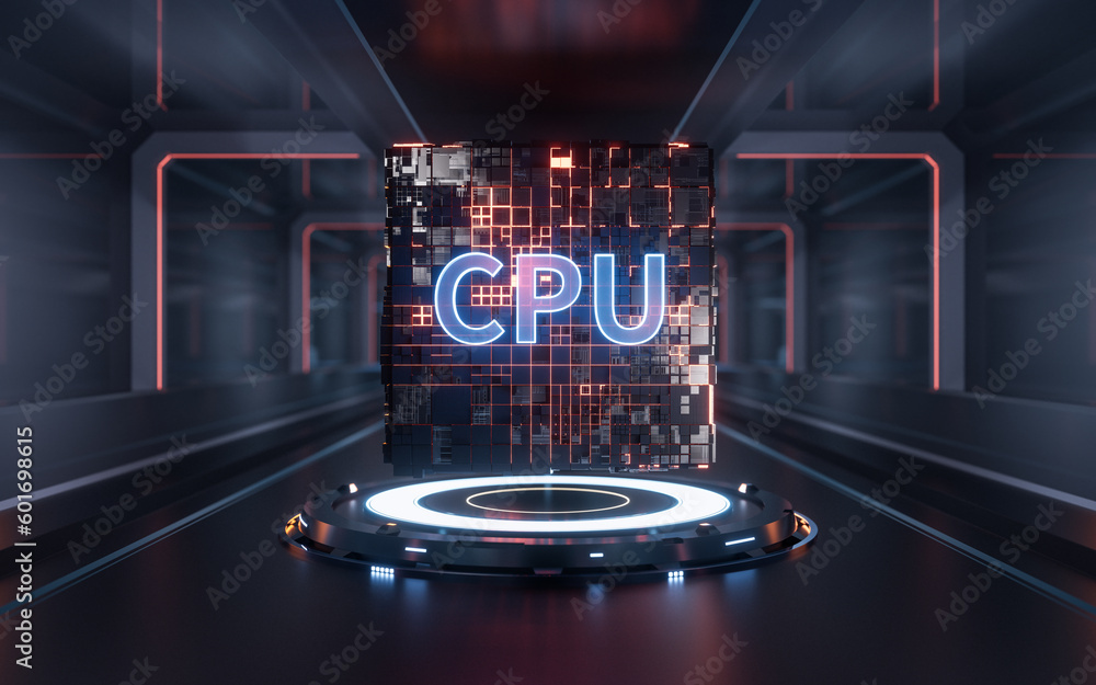 CPU cube with technology background, 3d rendering.