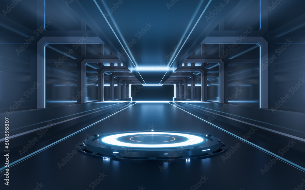 Empty stage in the dark technology tunnel, 3d rendering.