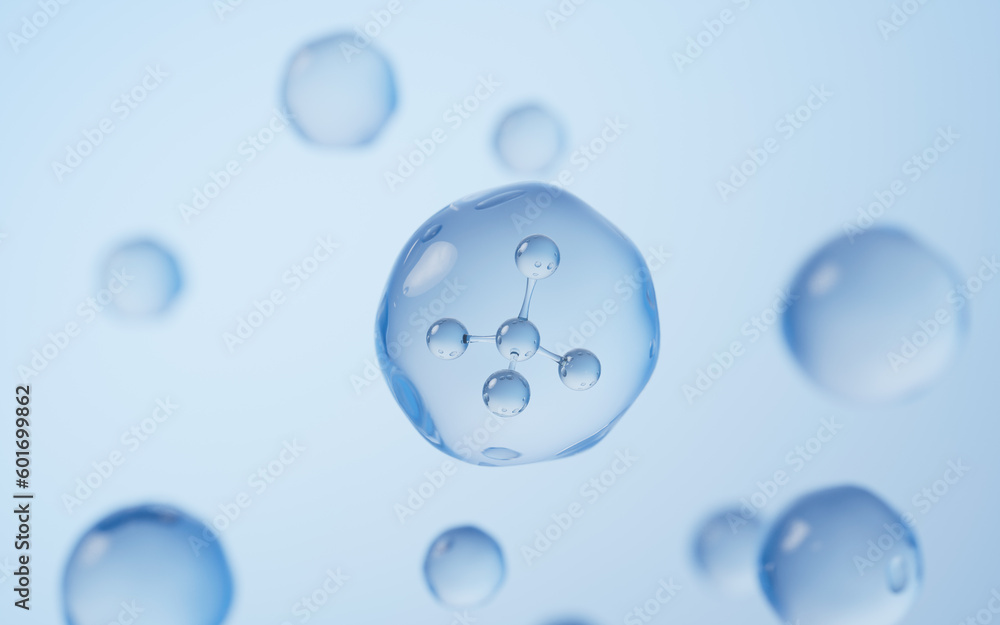 Molecule in the water drop, 3d rendering.