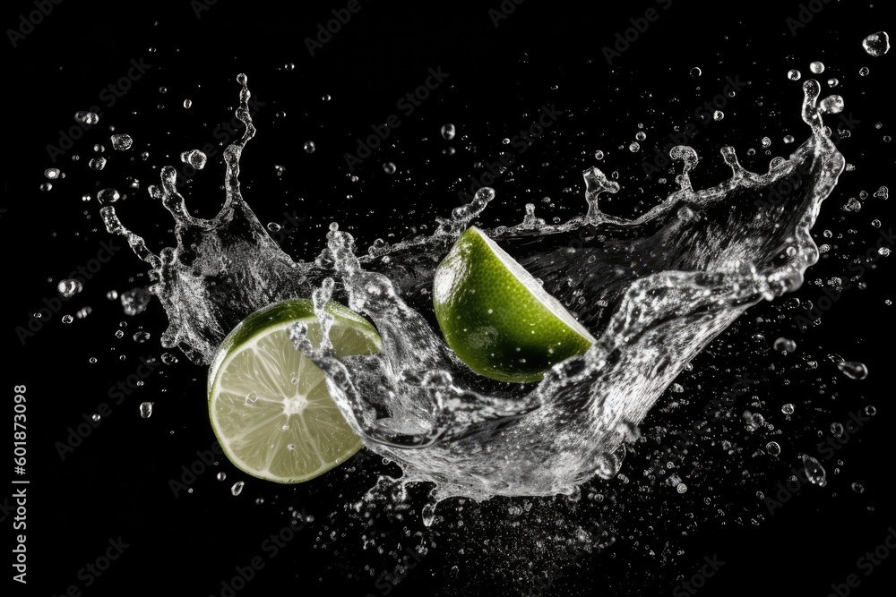 limes and water splashing on a black background Generative AI