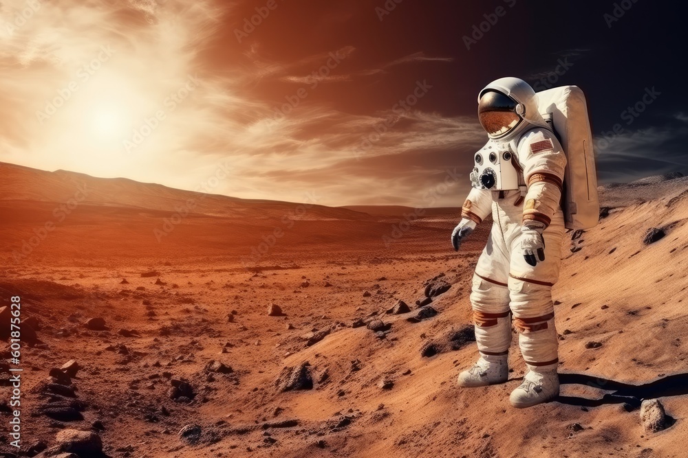 lone astronaut standing on a barren desert landscape Generative AI