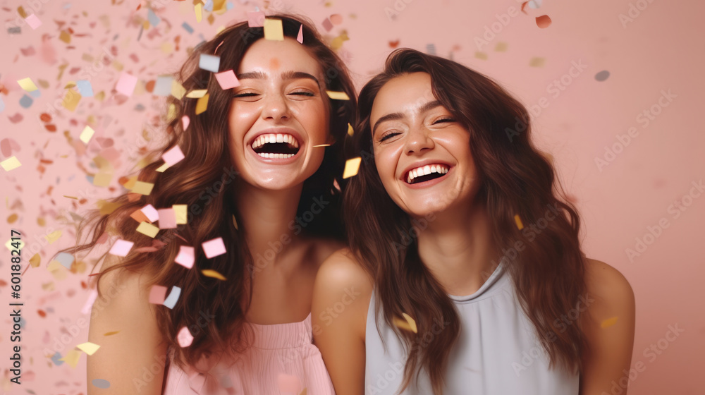 Happy girls with confetti. Illustration AI Generative.