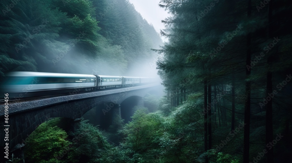 Speed passenger train moving in the mist mountains covered with forest. Generative AI