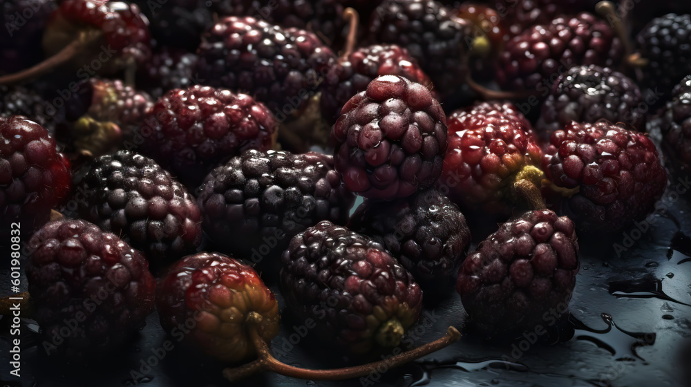 Fresh ripe mulberry with water drops background. Berries backdrop. Generative AI