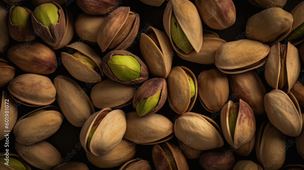 Pistachio background. Nuts. Green fresh inshell pistachios. Generative AI