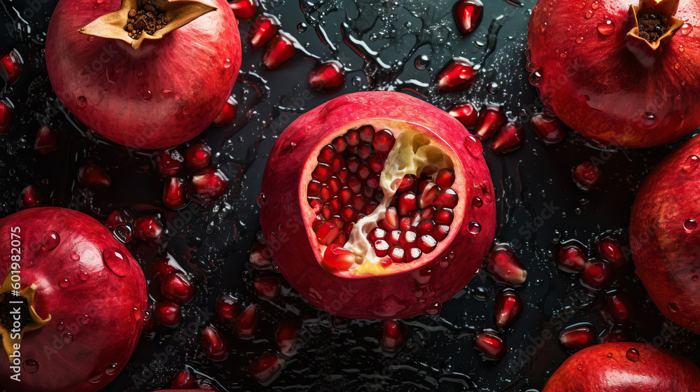 Fresh ripe pomegranades with water drops background. Fruits backdrop. Generative AI