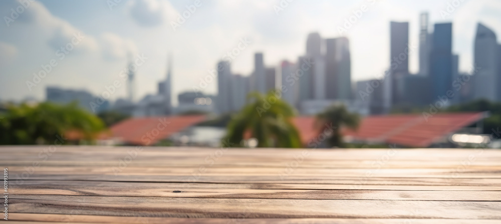 Wood table mockup with Singapore city street in shallow depth of field. Copy space for product. Gene