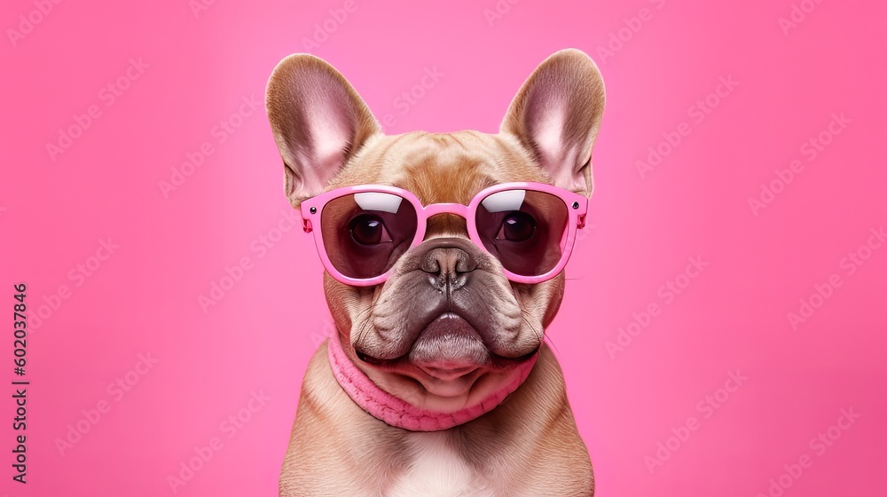 Funny cool dog fashion portrait  with clothing and sunglasses on pink background. Created by generat