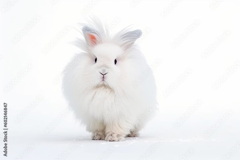 fluffy white rabbit sitting on a blank background Generative AI