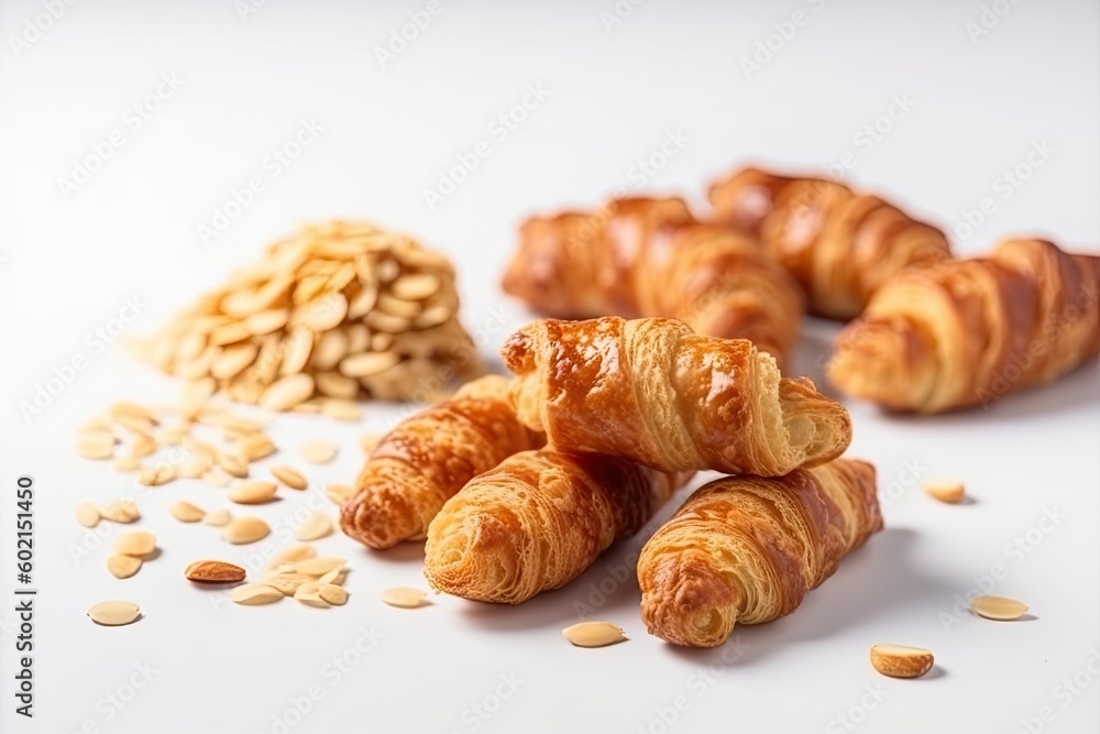 delicious pile of fresh croissants on a white table Generative AI