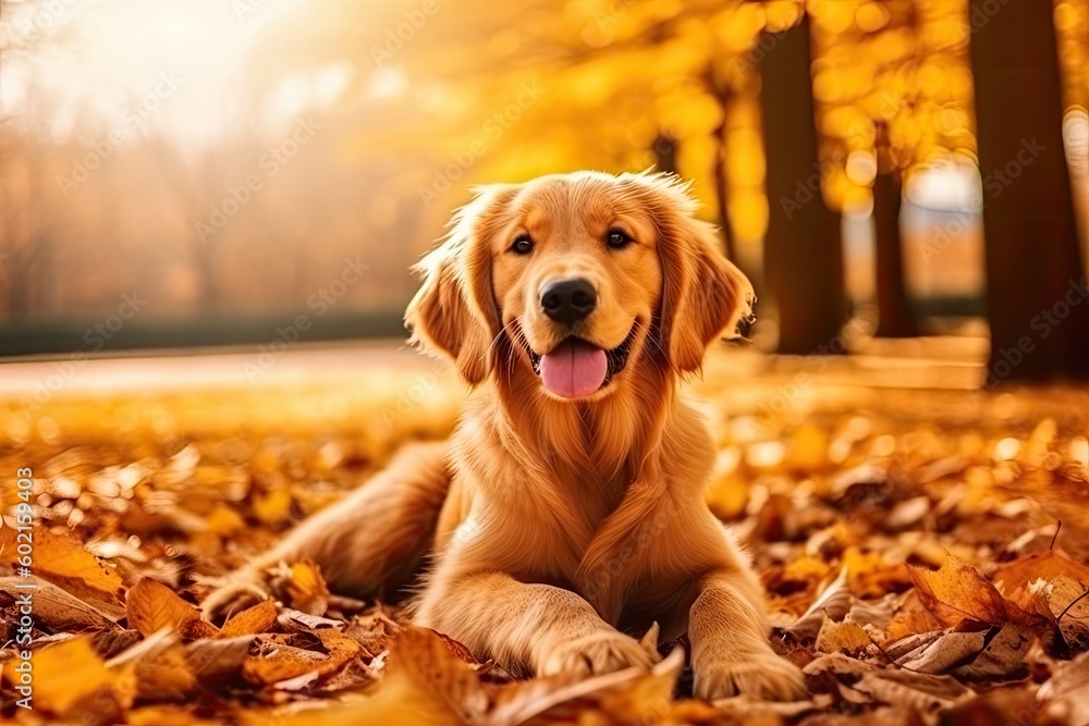 Golden Retriever enjoying autumn leaves in a park Generative AI