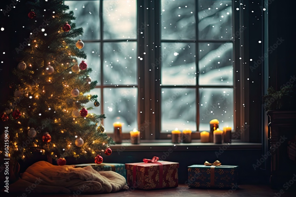 festively decorated Christmas tree in front of a snowy window Generative AI