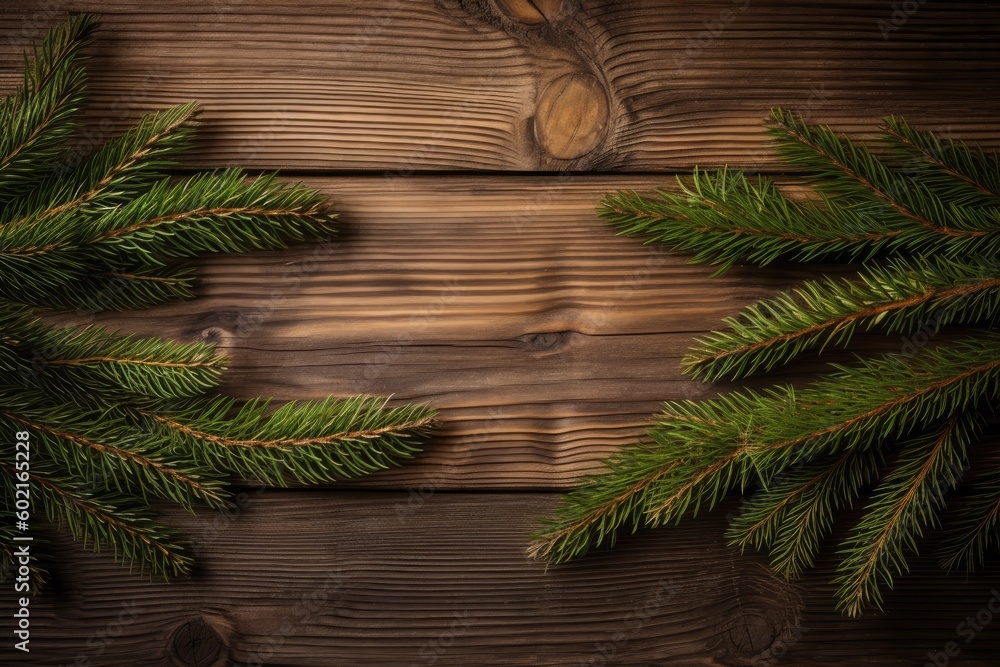 green pine branch on rustic wooden background Generative AI