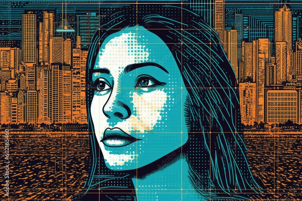 womans portrait with a cityscape in the background Generative AI