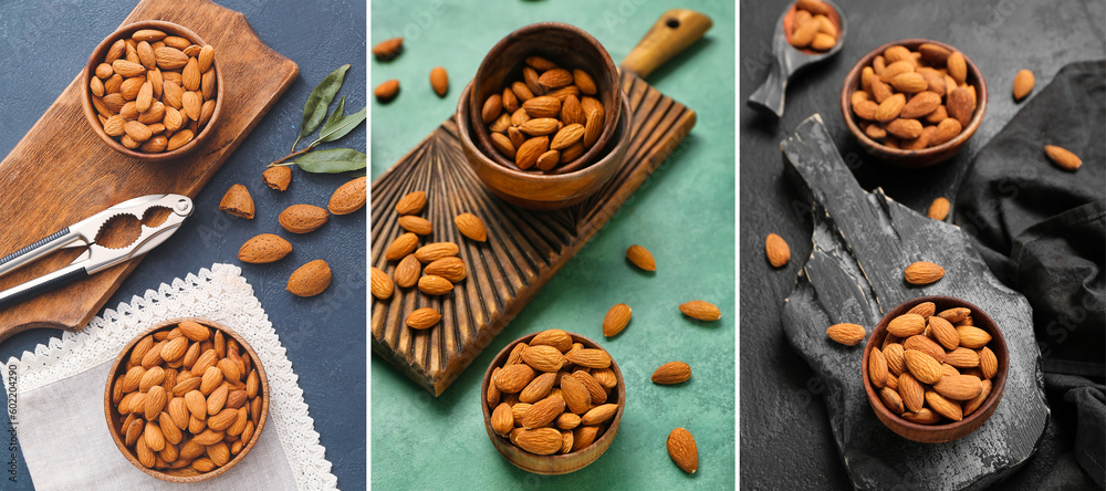 Collage with many tasty almonds