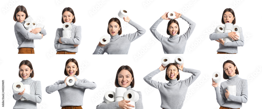 Set of young woman with toilet paper on white background