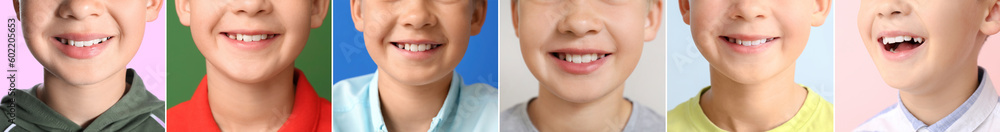 Collage of many children with healthy teeth, closeup