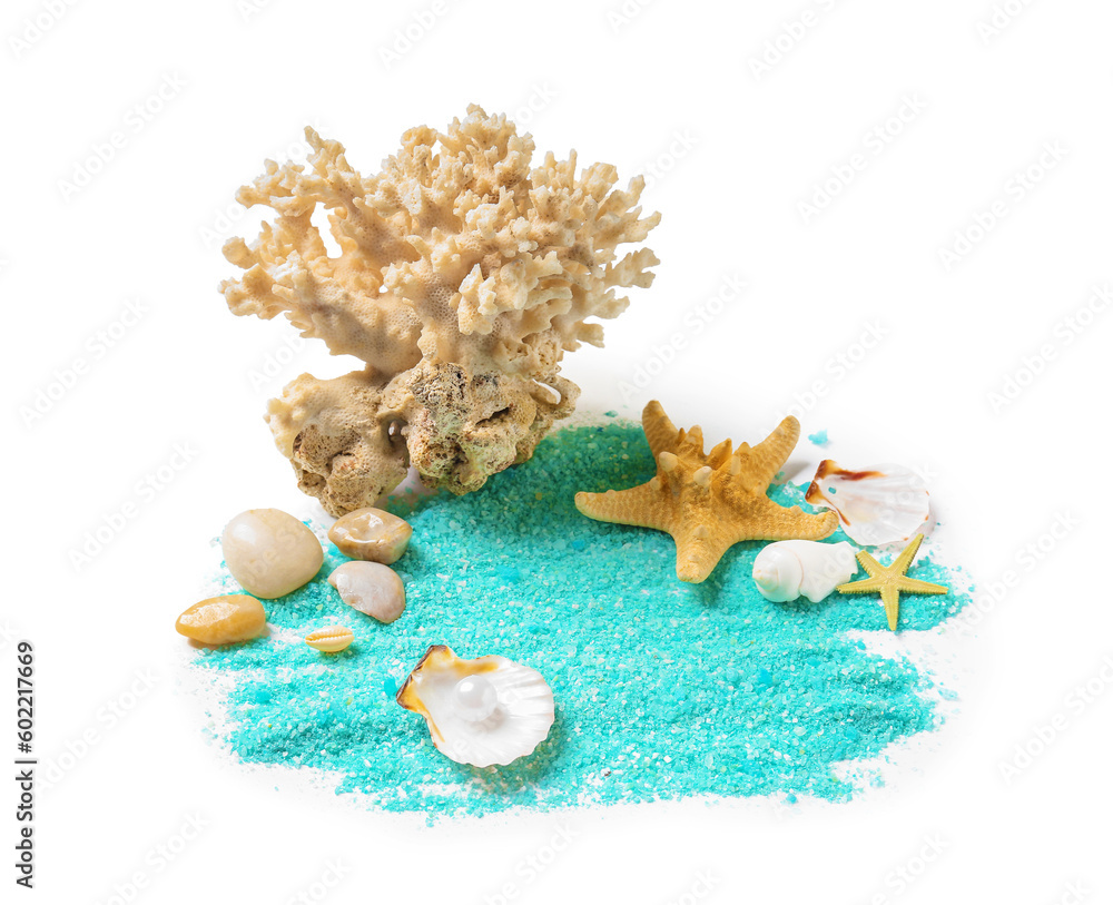 Blue sea salt with seashells, coral and starfishes on white background